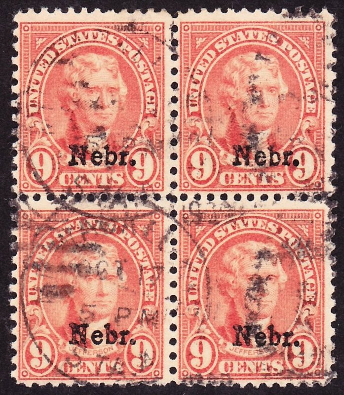Scott 678, Used Block of 4, 9c Jefferson Nebraska Overprint