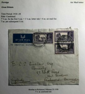 1938 Bombay India Early Airmail Cover To Richmond England Imperial Airways