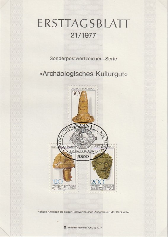 1977 Germany - FD Card (ETB) Sc 1258-60 - Archaeological heritage