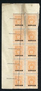 Bhopal SGO313c 1932 1/4a Orange Perf 13.5 MISPERF Block (no gum) (a)