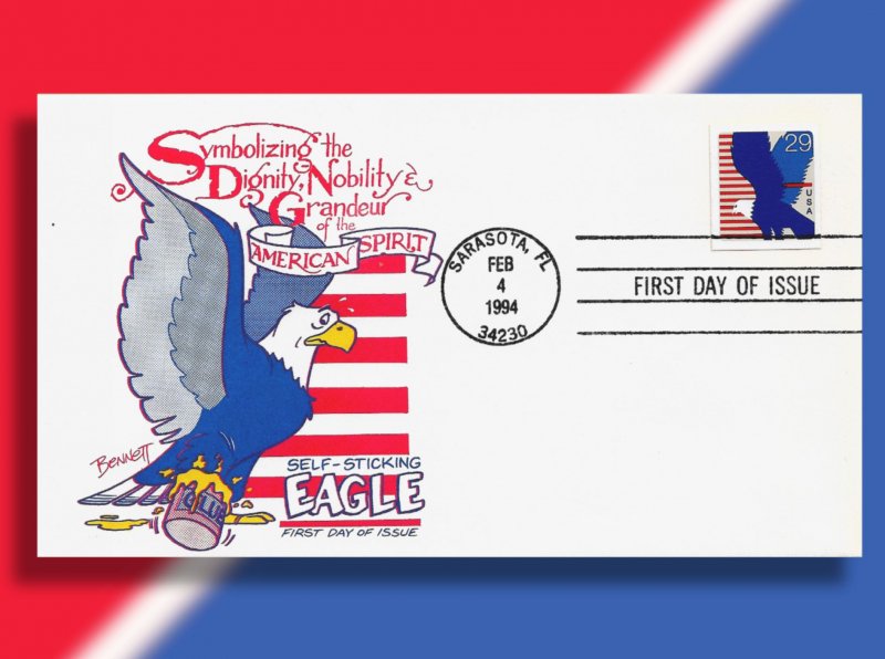 The Noble American Eagle Stuck in a Bucket of Glue!! 1994 Self Adhesive FDC! FDC