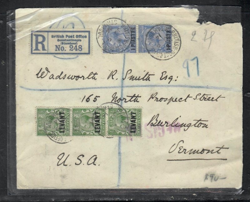 BRITISH LEVANT COVER  PPO507 1914 KGV 5 STAMPS REG CONSTANTINOPLE TO USA