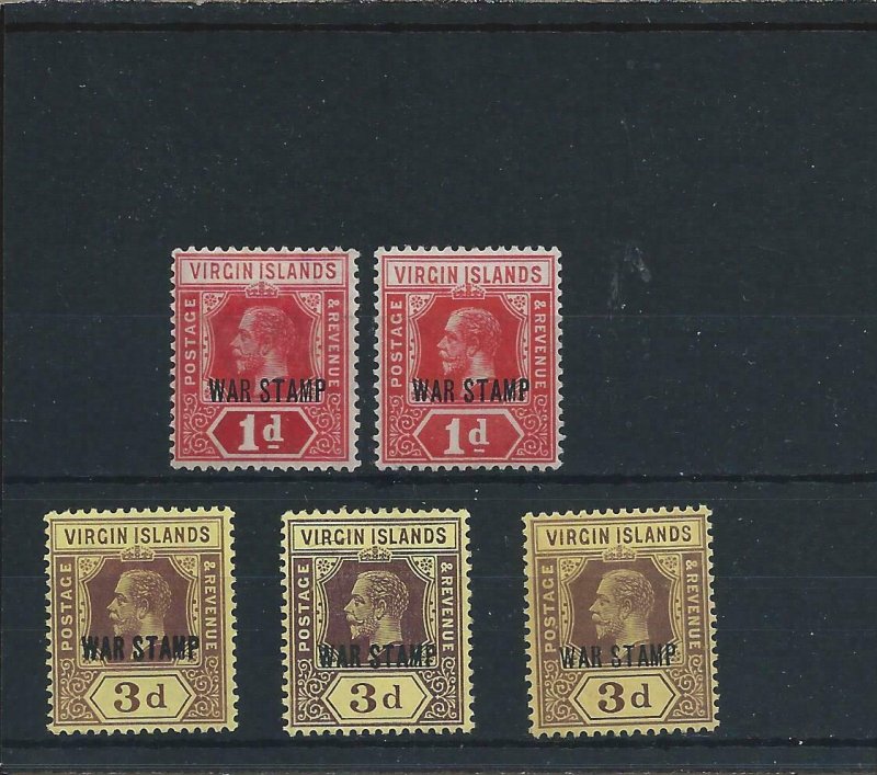 British Virgin Is 1916-19 WAR STAMP 2x1d (no Pale Red/Bluish) and 3x3d MM 