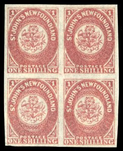 Newfoundland #23 Cat$170+ (as singles), 1sh rose, block of four, lightly hing...
