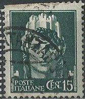 Italy 216 (used, clipped at upper left) 15c Italia, slate grn (1929)