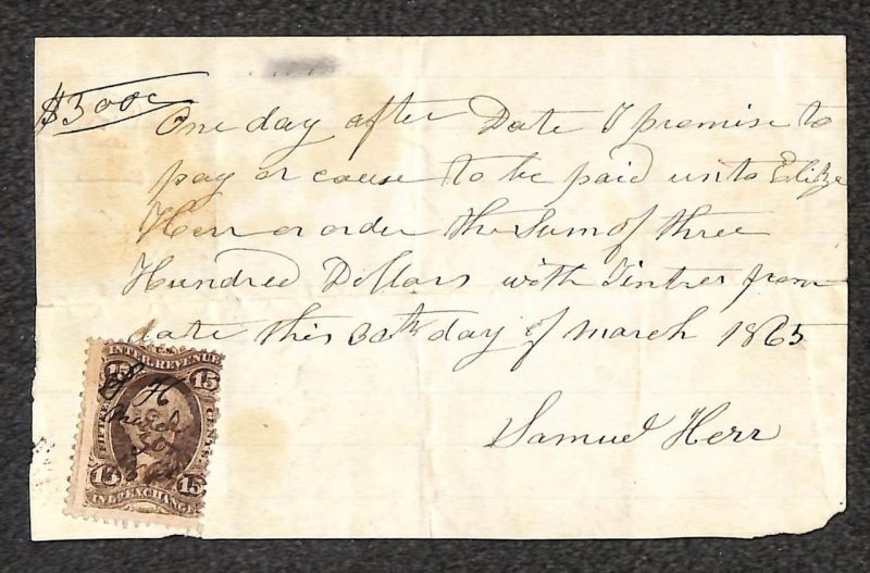 USA R40c DRY PRINT REVENUE STAMP SAMUEL HERR PROMISSORY NOTE 1865