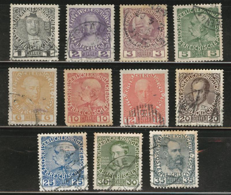 Austria  Scott 110-120 used short set 1908 CV$3.80