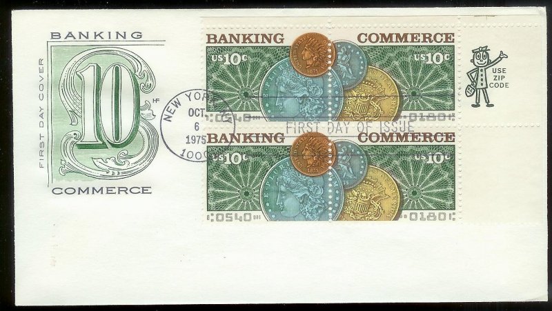 UNITED STATES FDC 10¢ Banking Commerce Zip Block 1975 Farnam