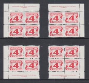 Canada Uni J31iii, MNH. 1973 4c Postage Due, Matched Sheet Corner Blocks