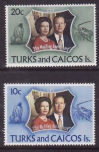 Turks & Caicos-Sc#257-8- id9-unused NH set-QEII 25th Wedding-1972-