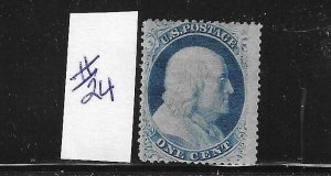 US #24 1857-61 BENJAMIN FRANKLIN 1C (BLUE)- MINT ORIGINAL GUM- HINGED
