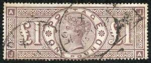 SG186 One Pound wmk Orbs Fine used (crease at right)