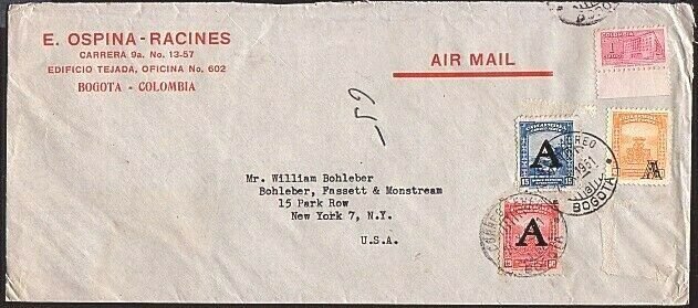 COLOMBIA 1951 airmail cover to USA - stamps with 'A' overprints............33036