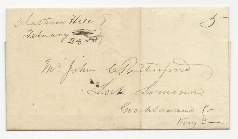 VA US STAMPLESS COVER Chatham Hill Feb 23, 1851 Unlisted in ASCC & VPHS