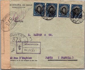 SCHALLSTAMPS CHILE 1916 WWI REG CENSORED COVER ADDR PARIS FRANCE CANC CONCEPCION