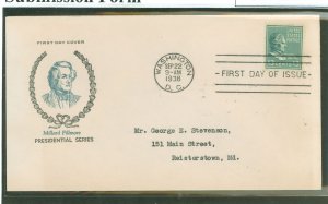 US 818 1938 13c Millard Fillmore (presidential/prexy series) single on an addressed first day cover with a Fidelity cachet.