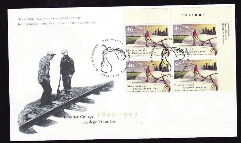 Canada-Sc#1810-UR plate block on FDC-Frontier College-1999-