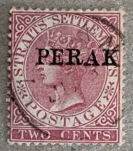 Malaya Perak 1886 2c pale rose Crown CA, nicely used. Scott 6, CV $5.50. SG 17