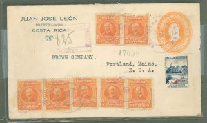 Costa Rica  1921 5c orange envelope; from Limon, registered Portland arrival, registered, military label.