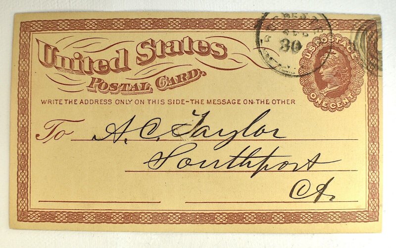 US POSTAL CARD SCOTT #UX3 SMALL WATERMARK HANDWRITTEN, 1873