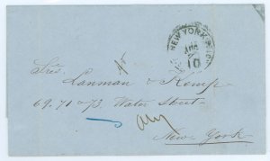 Colombia  Cali Columbia stampless cover to New York City 7 Aug 1868, NY receiving cancel Aug 29 w 10 due.  Letter enclosed to La