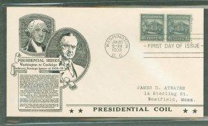 US 844 1939 4.5c White House (presidential/prexy series) coil pair, on an addressed (typed) first day cover with an Anderson cac