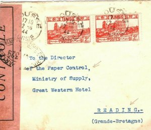 French Colonies TUNISIA WW2 Cover Sousse GB PAPER CONTROL DIRECTOR 1944 SNc6