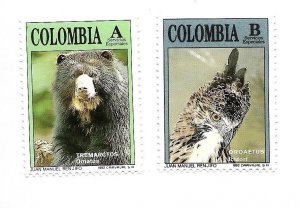 COLOMBIA 1992 FAUNA WILDLIFE OWL AND BEAR SPECIAL DELIVERY STAMPS EMS MINT NH