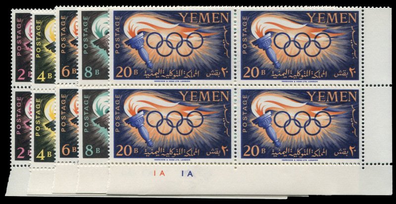 Yemen #98-102, 1960 Olympics, set of five in blocks of four, never hinged