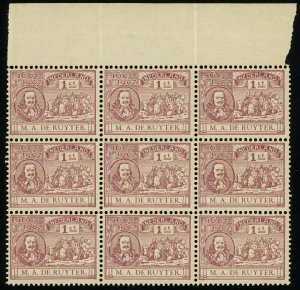 Netherlands #88 Admiral Michiel de Ruyter Block of 9 Stamps 1c Postage 1907 MNH