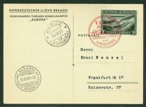 LIECHTENSTEIN, 1931, Zeppelin Flight w/1fr Zepp stamp tied on “Europa postcard