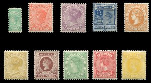 Victoria #218/228 Cat$127.50, 1905-10 1/2-1sh, eleven different, hinged