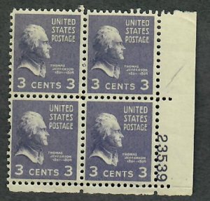 807 Thomas Jefferson MNH Plate Block LR