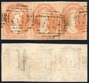 Tasmania Van Diemens Land SG28 1d Dull Vermilion STRIP of THREE wmk Inverted