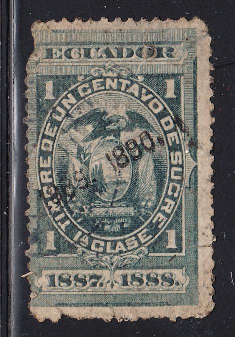 Ecuador used Revenue 1889-1890 overprint on 1887-1888  1c 1a Clase, green