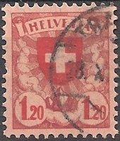 Switzerland 201 (used, pulled perf) 1.20f shield, brn rose & red on rose paper