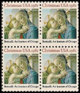 US 1939 Christmas Madonna & Child 20c block 4 MNH 1981