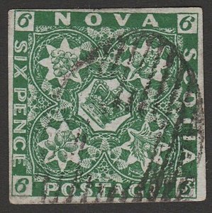 NOVA SCOTIA 1851 Crown & Flowers 6d deep green Unitrade cat C$3000. Rare genuine