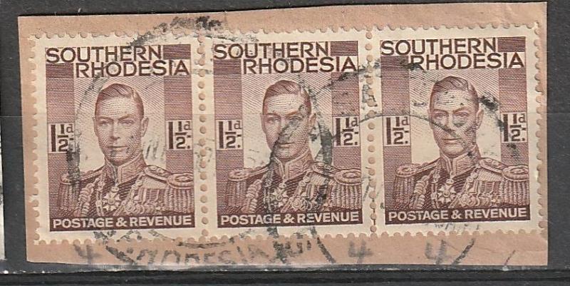 #44 Southern Rhodesia Used strip of 3 on paper