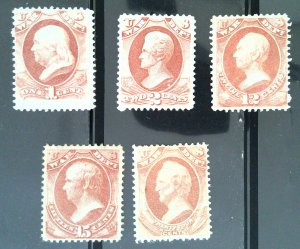 Scott #O83,84,89,90,91 - Official Lot - Mixed NG & OG - War Dept. - 1873