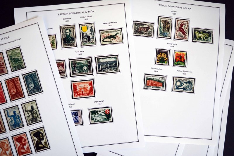 COLOR PRINTED FRENCH EQT. AFRICA 1936-1958 STAMP ALBUM PAGES (30 illustr. pages)