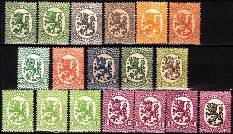 FINLAND 1917/30 Definitive: Lion in Oval. Shades Varieties Dupes, 11v, MH/MNH