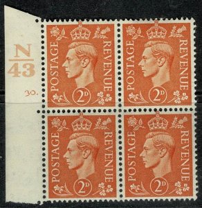 KGVI 1941-42 2d Pale Orange Wmk. 127 Unused Control N43 Cyl. 30 dot S.G. 488