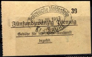 1913 Germany Police Reporting Office Receipt Twenty-Five Pfennig Fee Paid Used