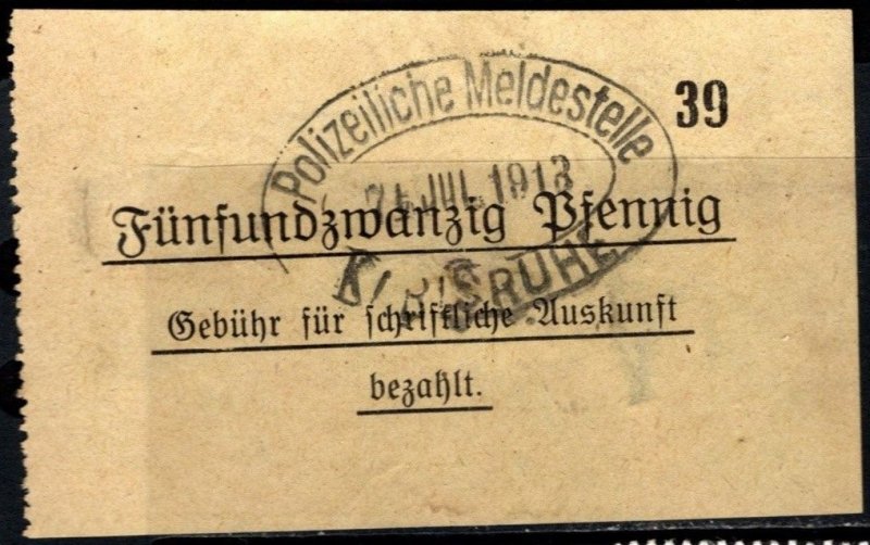 1913 Germany Police Reporting Office Receipt Twenty-Five Pfennig Fee Paid Used