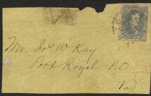 Confederate States Richmond Va #1 front only cover Mr. Jos W Kay @ Port Royal PO