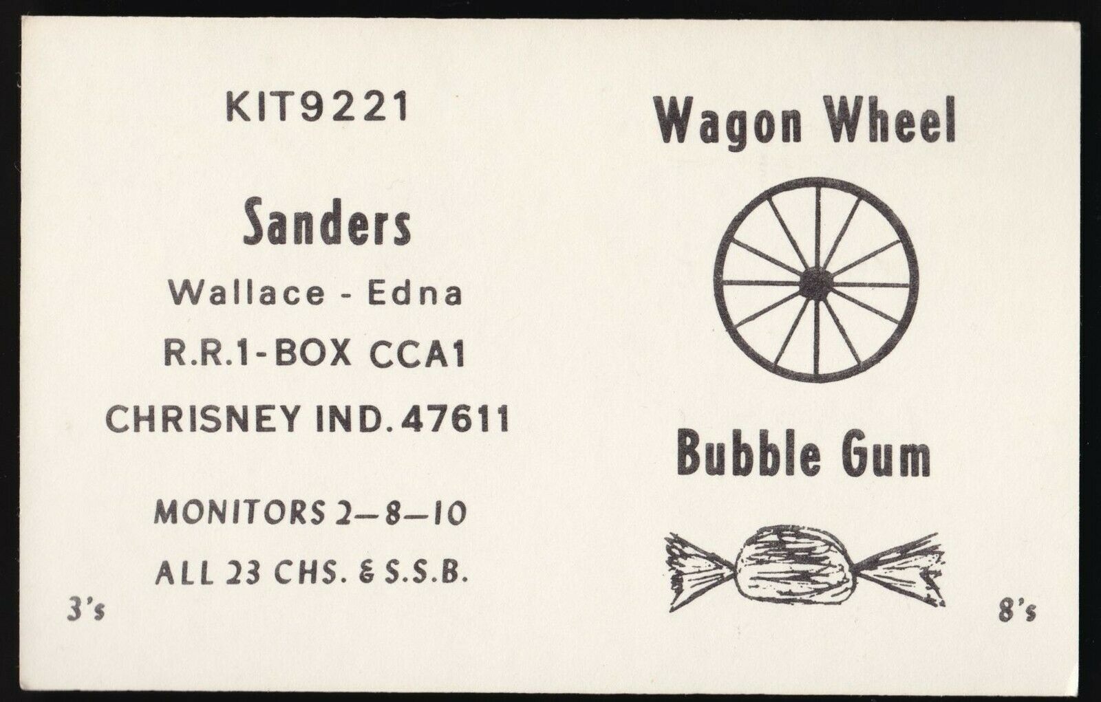 QSL QSO RADIO CARD " Wagon Wheel/Bubble Gum", Chrisney IN U.S.A. (Q534