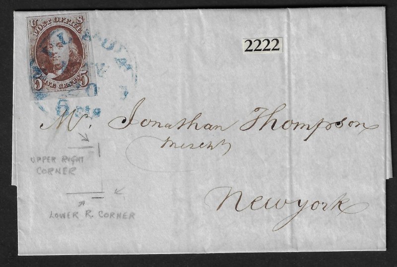 Scott #1 VF – Corner margin single on letter to NYC. Ex-Knapp. Showpiece!