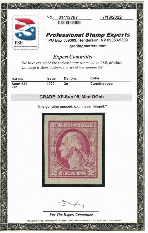 532 Superb XF OG PSE cert graded 95 never hinged nice color ! see pic ! 