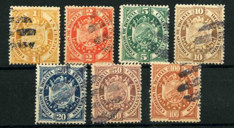 BOLIVIA 1894 COAT OF ARMS ISSUE SCOTT 40-46 $38 VFU PARIS CANCELLATION